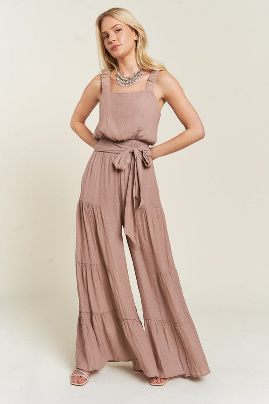 ELASTIC STRAP TIERED JUMPSUIT