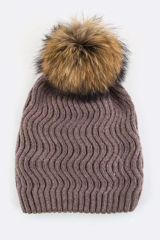 Raccoon Fur PomPom Chevron Knit Beanie LA Jewelry Plaza