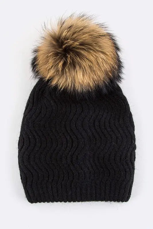 Raccoon Fur PomPom Chevron Knit Beanie LA Jewelry Plaza