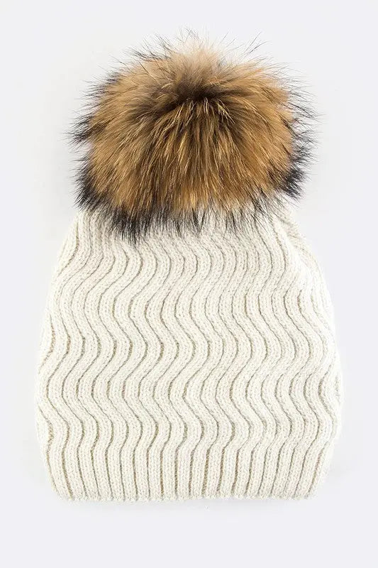 Raccoon Fur PomPom Chevron Knit Beanie LA Jewelry Plaza