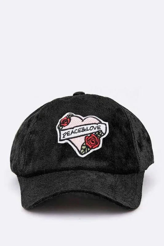 Peace And Love Heart Patch Distress Velour Cap