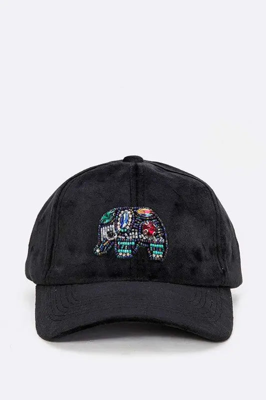 Beaded Elephant Embellished Plush Velour Cap