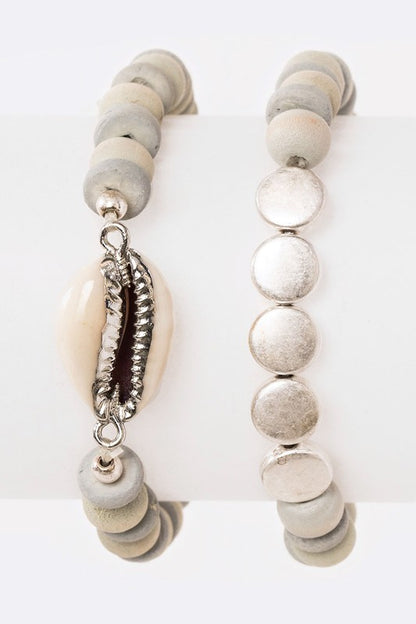 2 In 1 Sea Shell Wooden Beads Stretch Bracelet