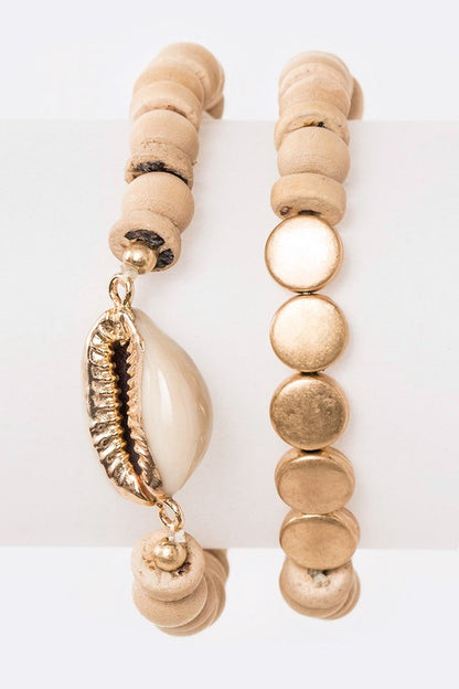 2 In 1 Sea Shell Wooden Beads Stretch Bracelet