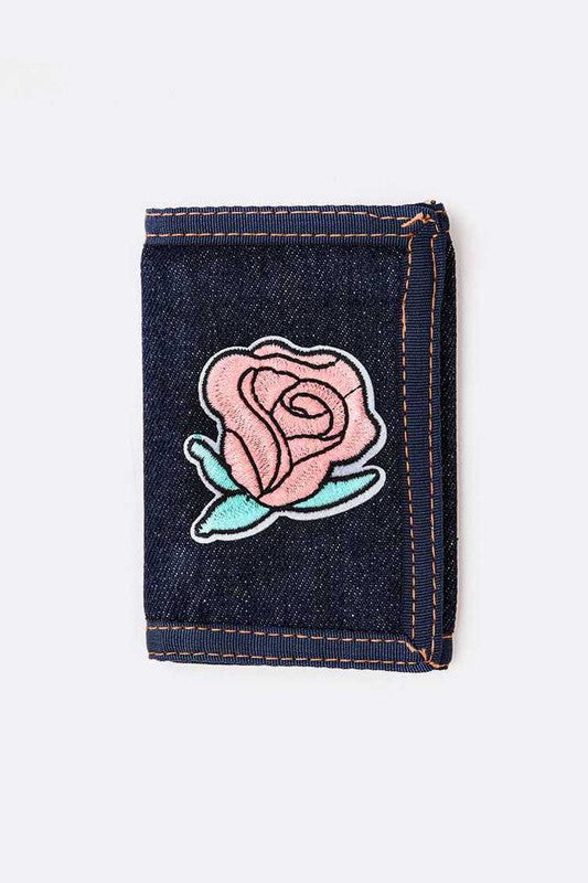 Rose Patch Denim Tri-Fold Wallet