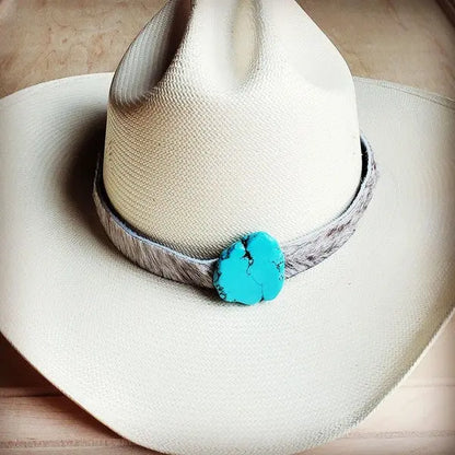 Hair-on-Hide Leather Hat Band w/ Turquoise Slab AFFLUZA.COM