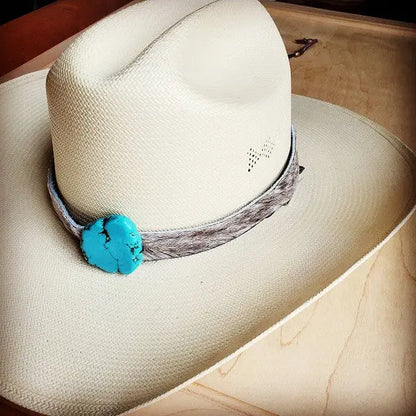 Hair-on-Hide Leather Hat Band w/ Turquoise Slab AFFLUZA.COM