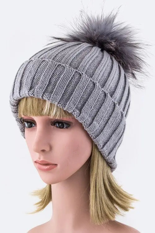 Raccoon Fur PomPom Beanie LA Jewelry Plaza