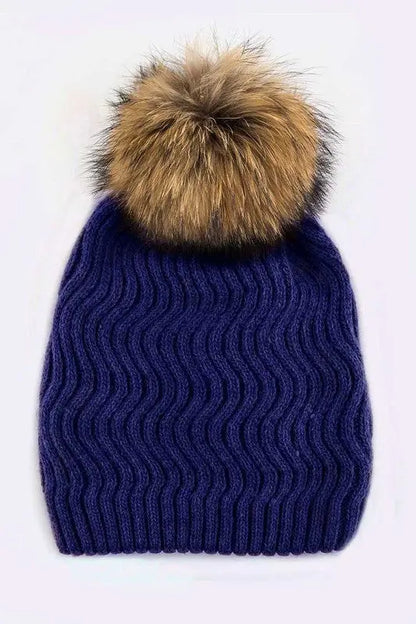 Raccoon Fur PomPom Chevron Knit Beanie LA Jewelry Plaza