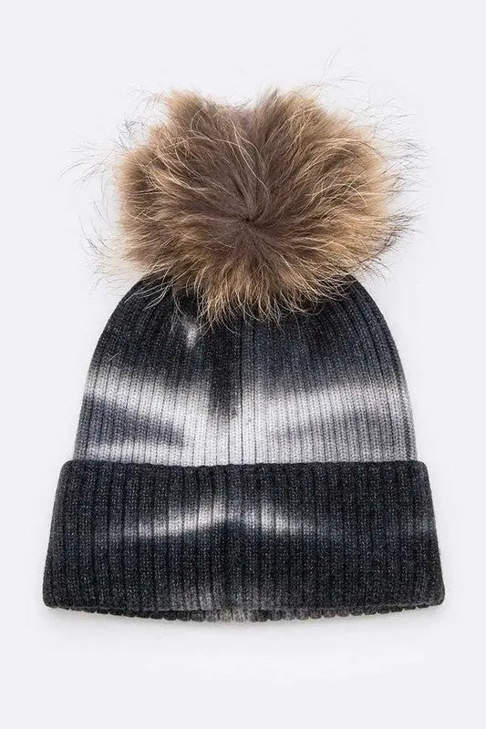 Raccoon Fur Pom Tie Dyed Cotton Blend Beanie LA Jewelry Plaza