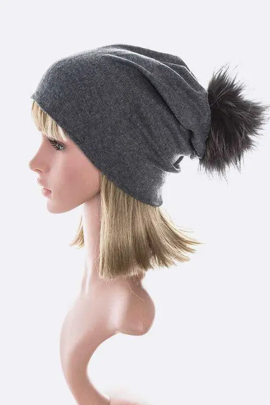 Oversize Raccoon Fur Pom Cotton Slouchy Beanie LA Jewelry Plaza