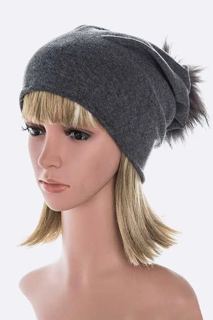 Oversize Raccoon Fur Pom Cotton Slouchy Beanie LA Jewelry Plaza