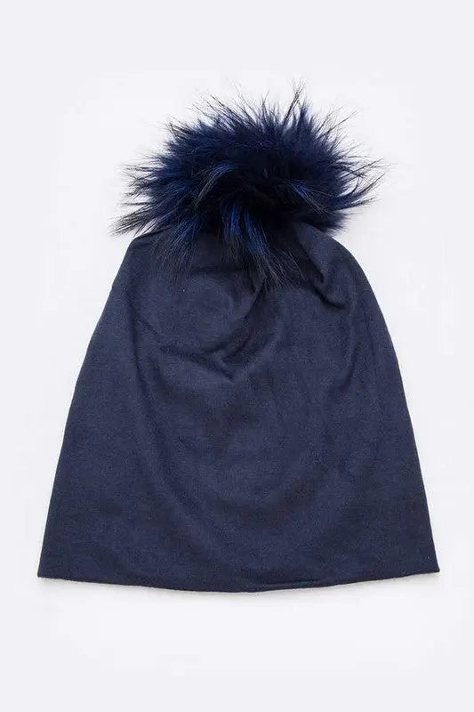 Oversize Raccoon Fur Pom Cotton Slouchy Beanie LA Jewelry Plaza