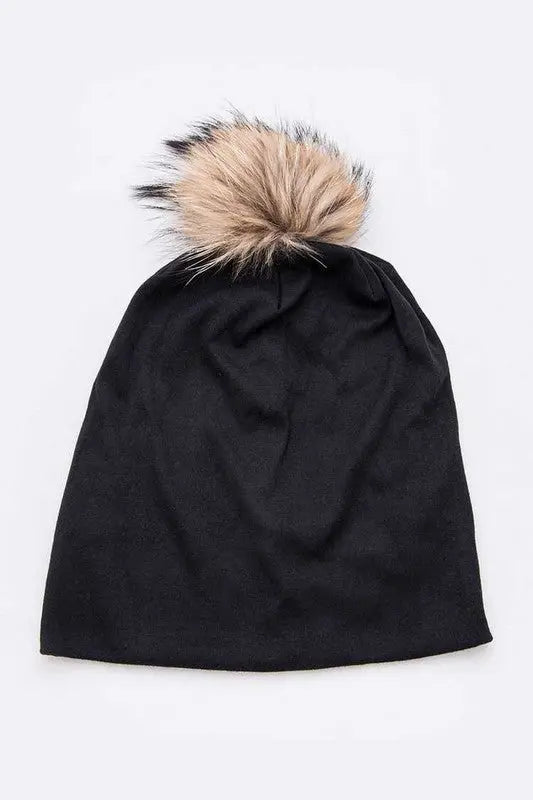 Oversize Raccoon Fur Pom Cotton Slouchy Beanie LA Jewelry Plaza