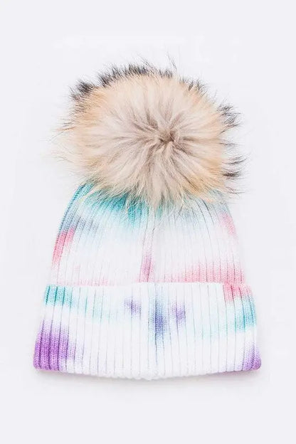 Raccoon Fur Pom Tie Dyed Cotton Blend Beanie LA Jewelry Plaza