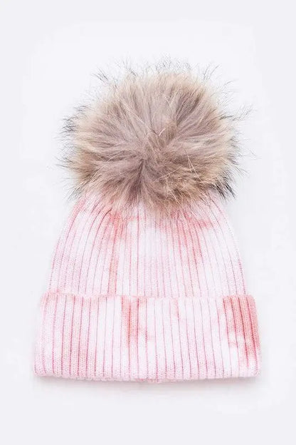 Raccoon Fur Pom Tie Dyed Cotton Blend Beanie LA Jewelry Plaza