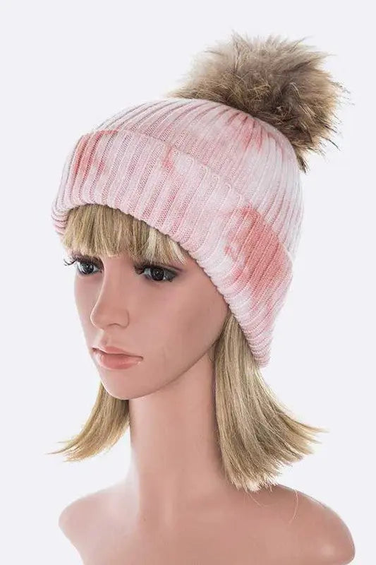 Raccoon Fur Pom Tie Dyed Cotton Blend Beanie LA Jewelry Plaza