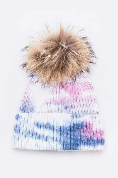 Raccoon Fur Pom Tie Dyed Cotton Blend Beanie LA Jewelry Plaza