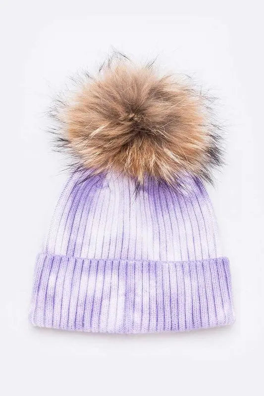 Raccoon Fur Pom Tie Dyed Cotton Blend Beanie LA Jewelry Plaza