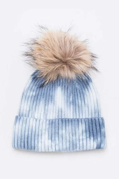 Raccoon Fur Pom Tie Dyed Cotton Blend Beanie LA Jewelry Plaza