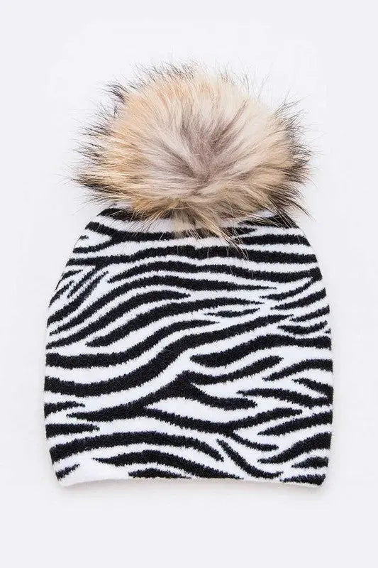 Mix Print Raccoon Fur Pom Iconic Beanie LA Jewelry Plaza