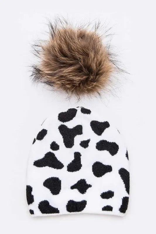 Mix Print Raccoon Fur Pom Iconic Beanie LA Jewelry Plaza