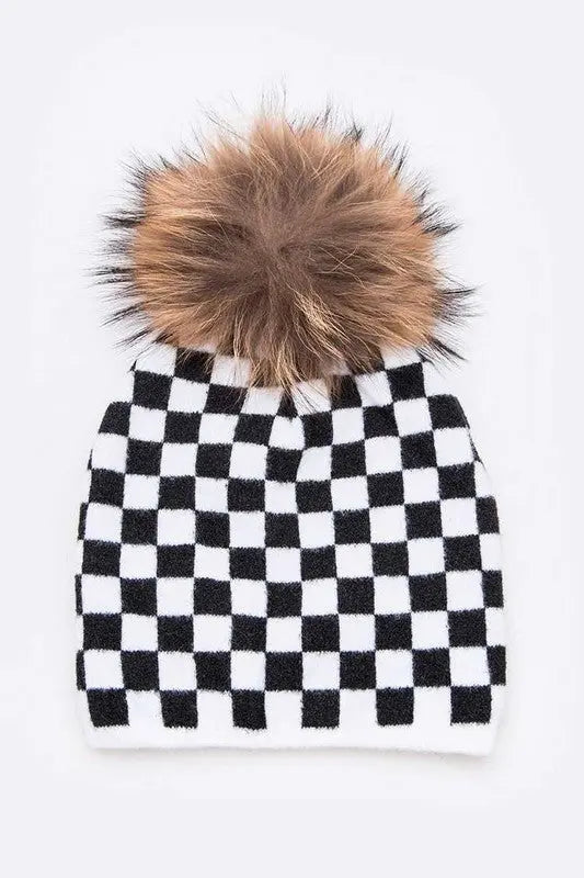 Mix Print Raccoon Fur Pom Iconic Beanie LA Jewelry Plaza