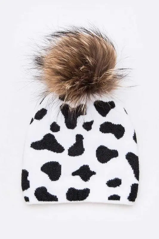 Mix Print Raccoon Fur Pom Iconic Beanie LA Jewelry Plaza