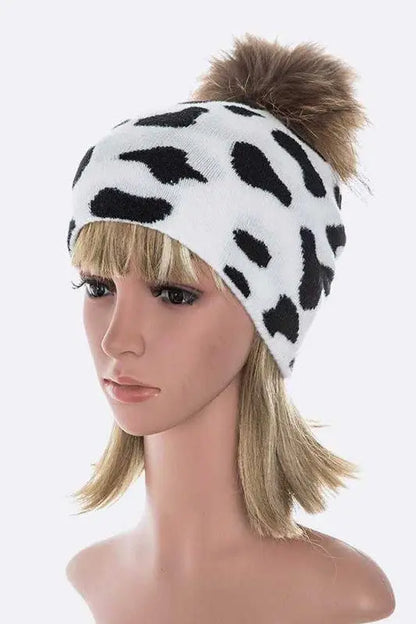 Mix Print Raccoon Fur Pom Iconic Beanie LA Jewelry Plaza