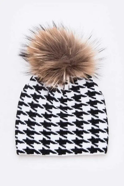 Mix Print Raccoon Fur Pom Iconic Beanie LA Jewelry Plaza