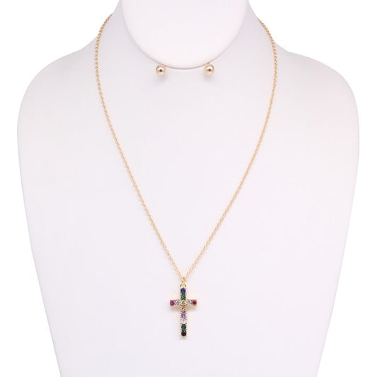 CROSS RHINESTONE NECKLACE EARRING SET