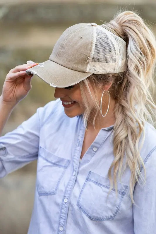 Distressed Messy Bun Hat Cap Aili's Corner