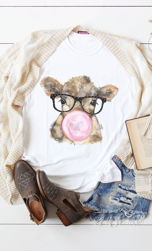 Bubble gum cow with glasses graphic tee PLUS