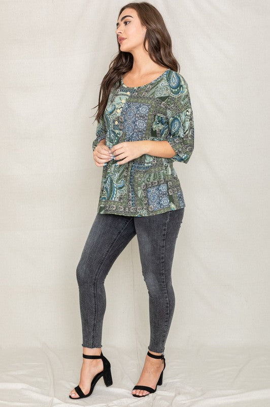 Button Accent Paisley Top