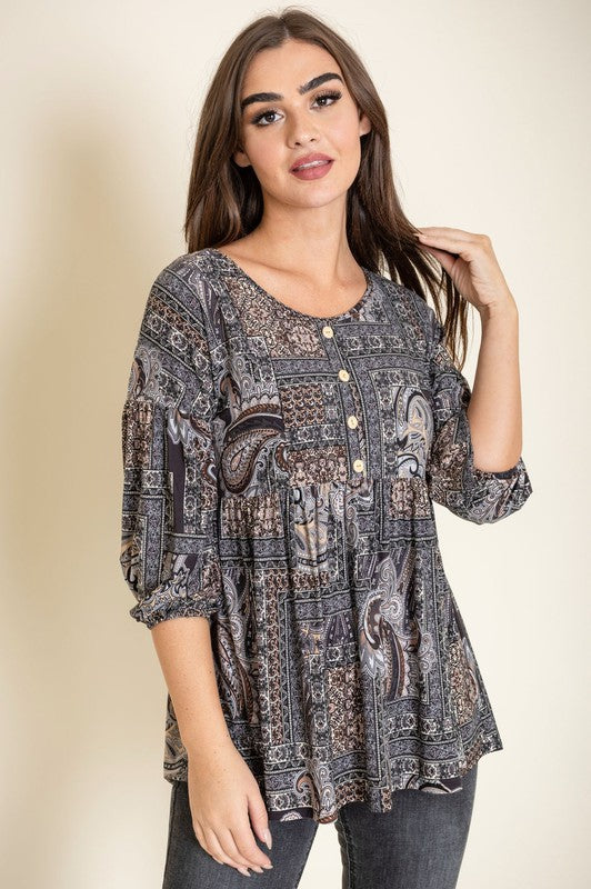 Button Accent Paisley Top