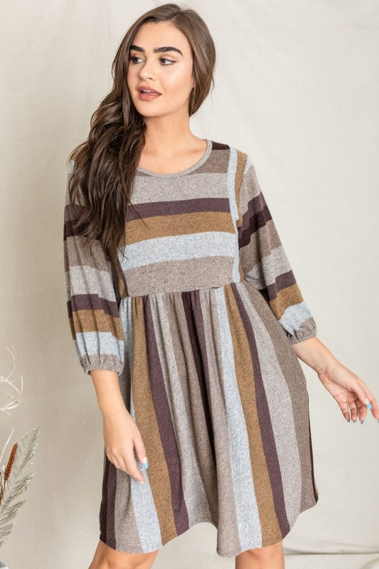 Mix Stripe Balloon Sleeve Midi Dress