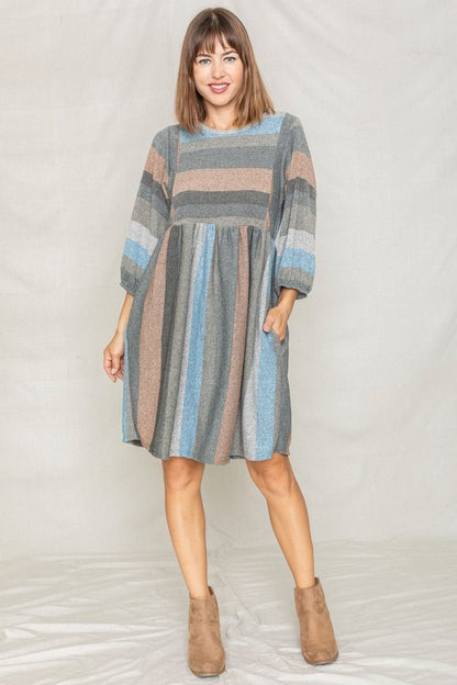 Mix Stripe Balloon Sleeve Midi Dress