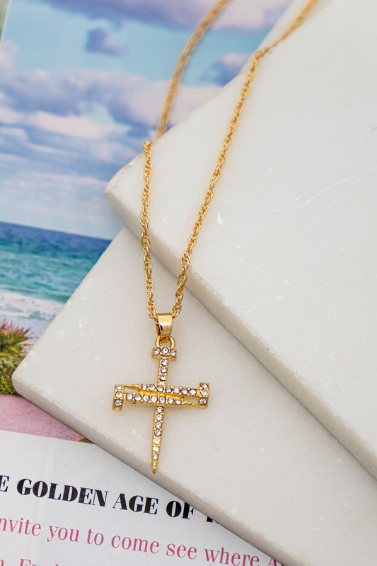 Nail shape cross pendant necklace with rope chain