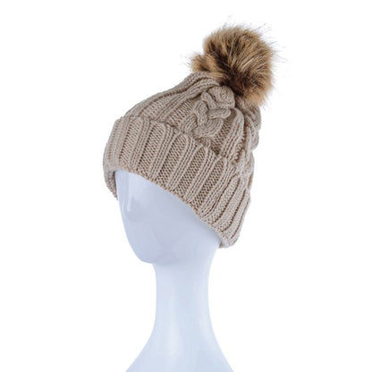 BRAIDED KNITTED FUR POM POM BEANIE