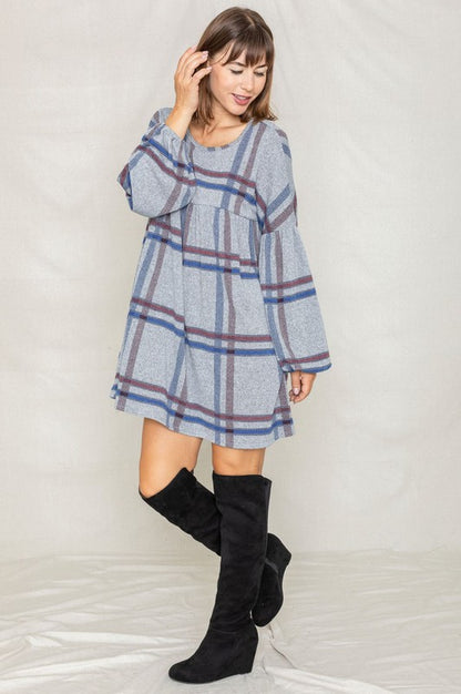 Plus Plaid Empire Waist Balloon Sleeve Mini Dress