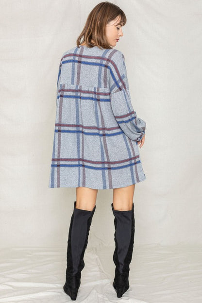 Plaid Empire Waist Balloon Sleeve Mini Dress