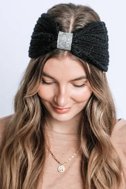 WINTER RHINESTONE BOW KNITTED HEAD BAND