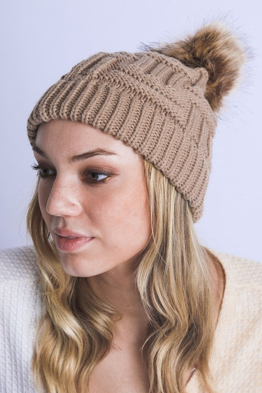 BRAIDED KNITTED FUR POM POM BEANIE