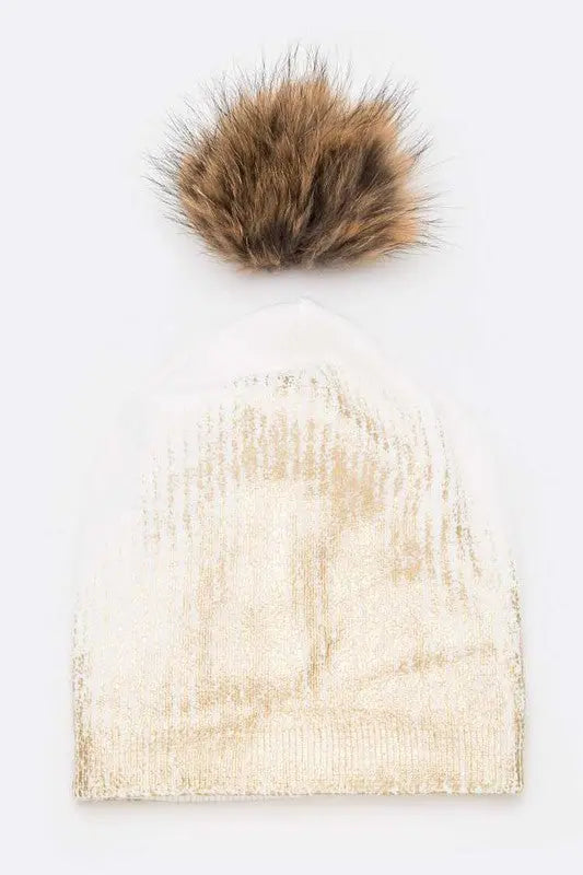 Metallic Cashmere Fur Pom Beanie LA Jewelry Plaza