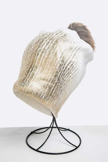 Metallic Cashmere Fur Pom Beanie LA Jewelry Plaza