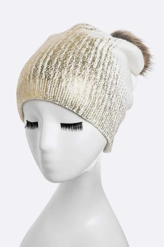 Metallic Cashmere Fur Pom Beanie LA Jewelry Plaza