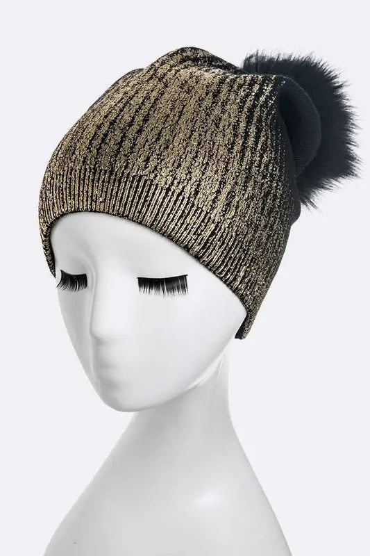 Metallic Cashmere Fur Pom Beanie LA Jewelry Plaza