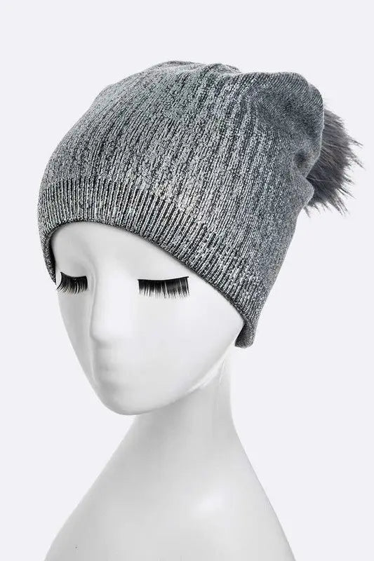 Metallic Cashmere Fur Pom Beanie LA Jewelry Plaza