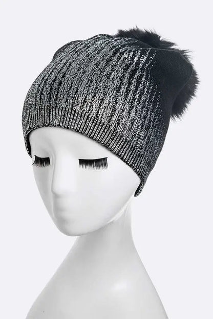 Metallic Cashmere Fur Pom Beanie LA Jewelry Plaza