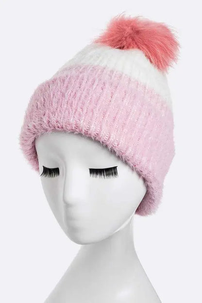 Wool Blend Fur Pom Pop Color Beanie LA Jewelry Plaza